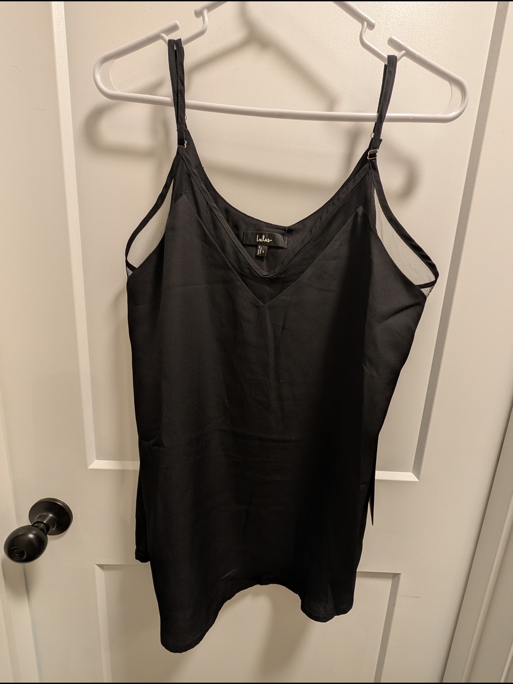 Lulu's Black Satin V-Neck Cami with Mesh Trim